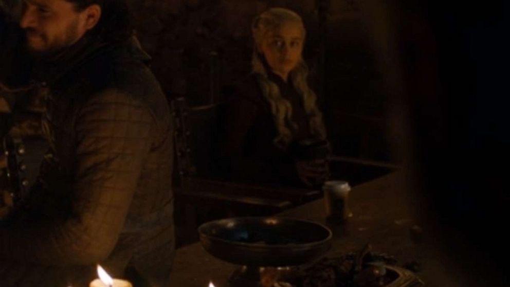 PHOTO: An image made from the fourth episode of season eight of HBO's, "Game of Thrones," appears to show a modern coffee cup sitting on a table in a scene featuring Kristofer Hivju, Kit Harington and Emilia Clarke.