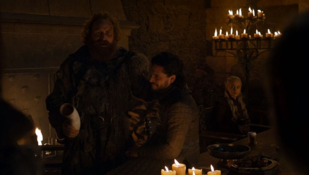 PHOTO: An image made from the fourth episode of season eight of HBO's, "Game of Thrones," appears to show a modern coffee cup sitting on a table in a scene featuring Kristofer Hivju, Kit Harington and Emilia Clarke.