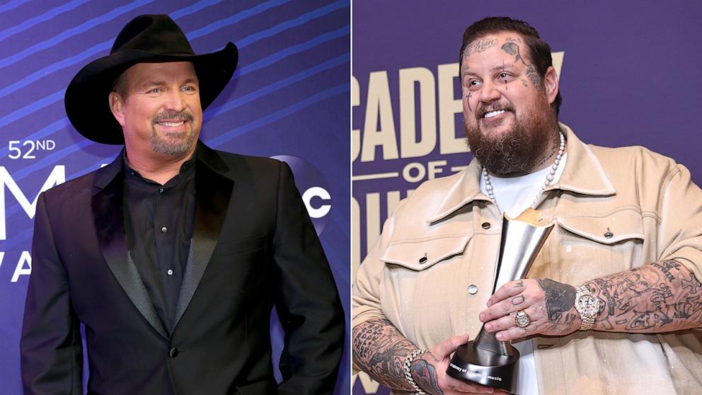 PHOTO: Split image showing Garth Brooks at the 52nd annual CMA Awards at the Bridgestone Arena on Nov. 14, 2018 in Nashville, Tenn., and Jelly Roll at the 59th Academy of Country Music Awards at The Ford Center at The Star, May 16, 2024 in Frisco, Texas.