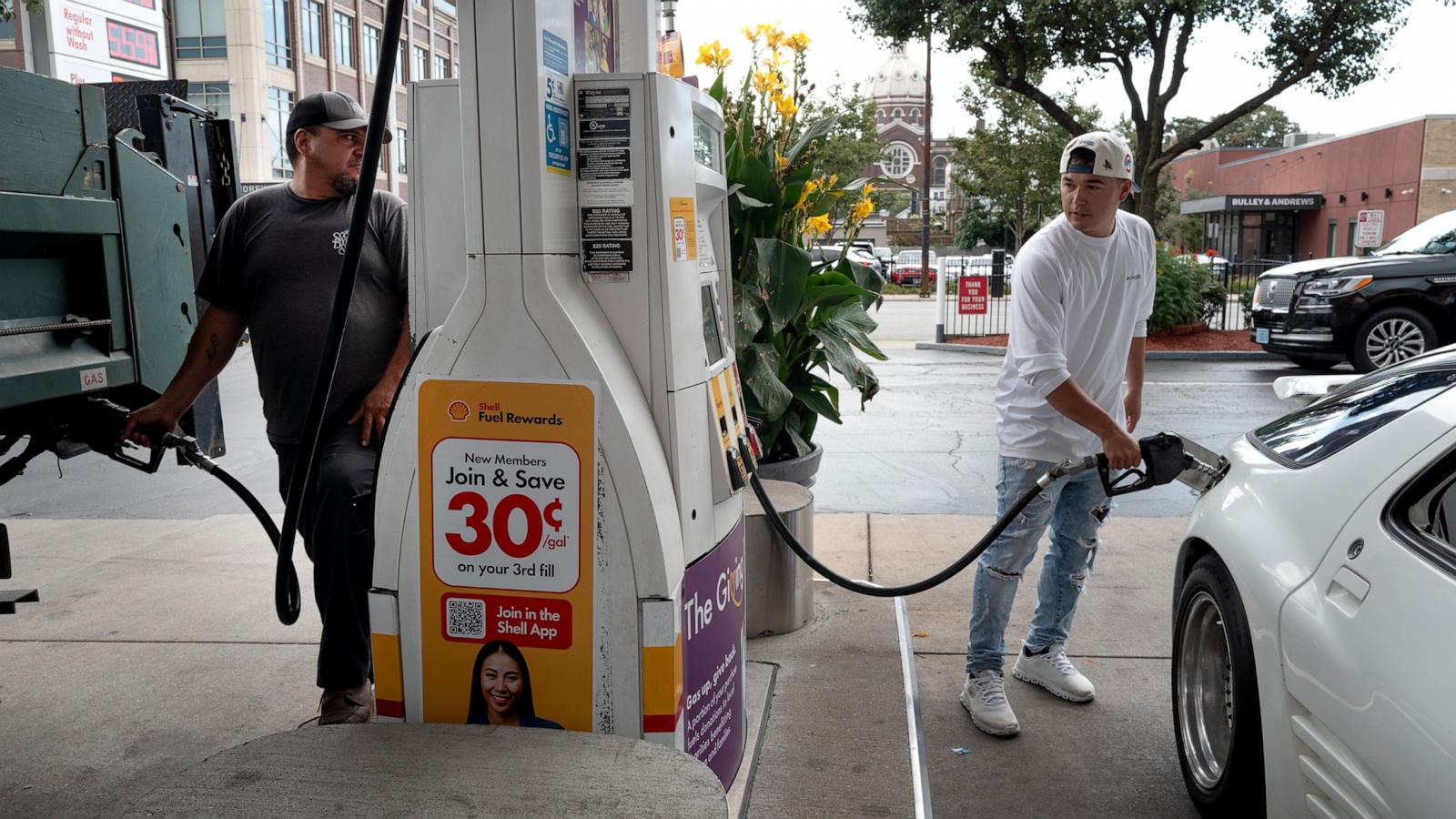 PHOTO: Customers purchase gas at a station, September 15, 2026 in Chicago.