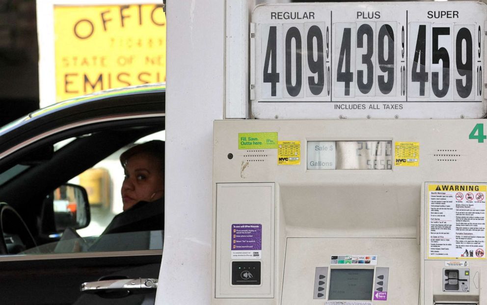 PHOTO: Gas prices are displayed on a pump at a gas station in New York City, March 7, 2022.