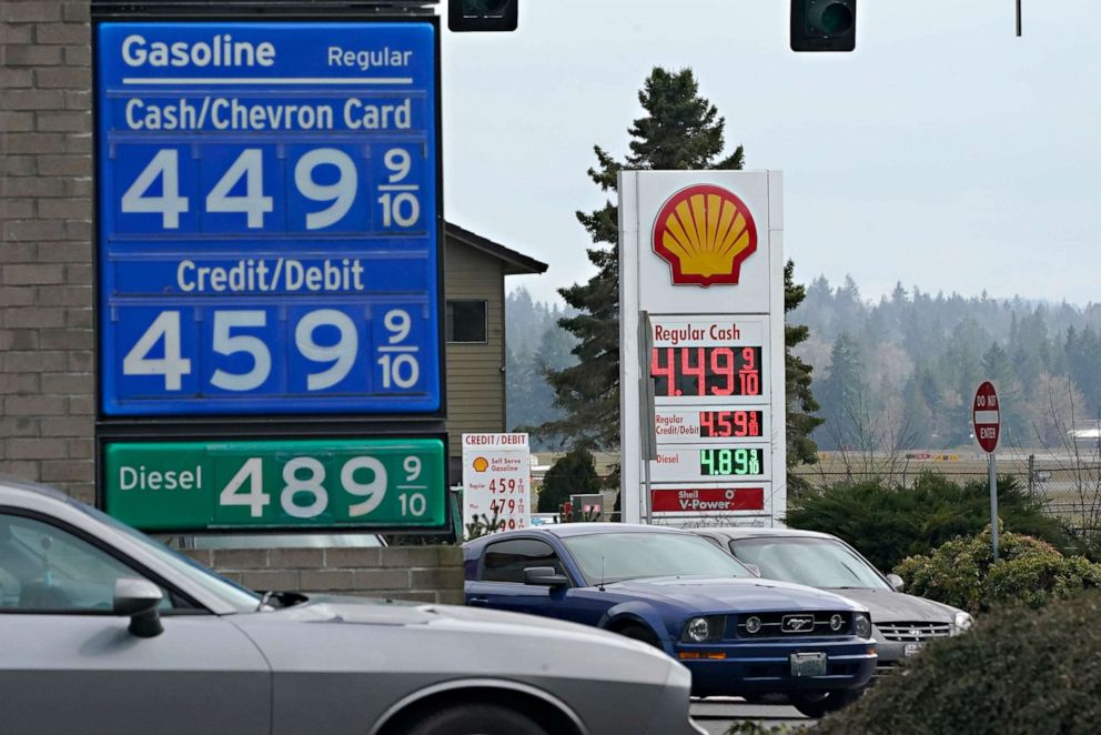 PHOTO: Gas prices are shown at a gas station on March 7, 2022, in Tumwater, Wash.