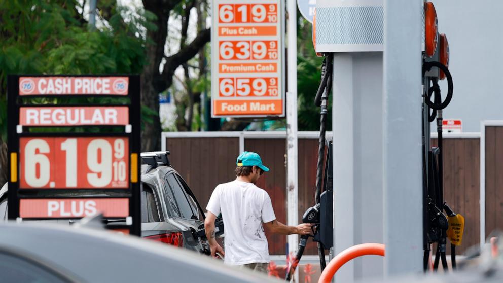 PHOTO: In this March 30, 2026, file photo, gas prices are displayed at a Shell gas station in Los Angeles.