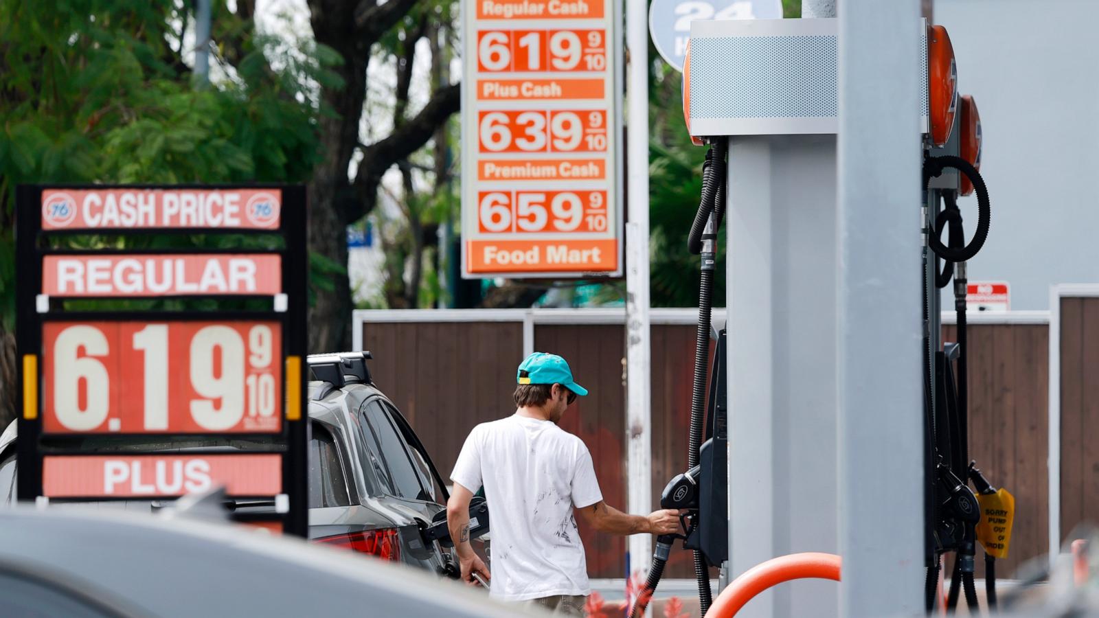 PHOTO: In this March 30, 2026, file photo, gas prices are displayed at a Shell gas station in Los Angeles.