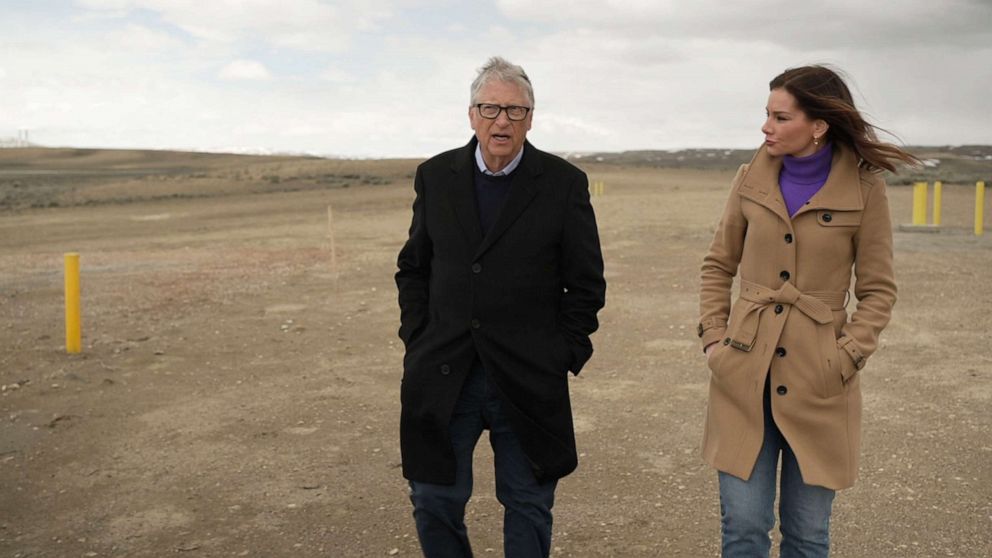 PHOTO: TerraPower founder and Microsoft co-founder Bill Gates talks to ABC's Rebecca Jarvis about the future of nuclear energy, during a visit the site of a new TerraPower nuclear plant near Kemmerer, Wyoming, May 5, 2023.
