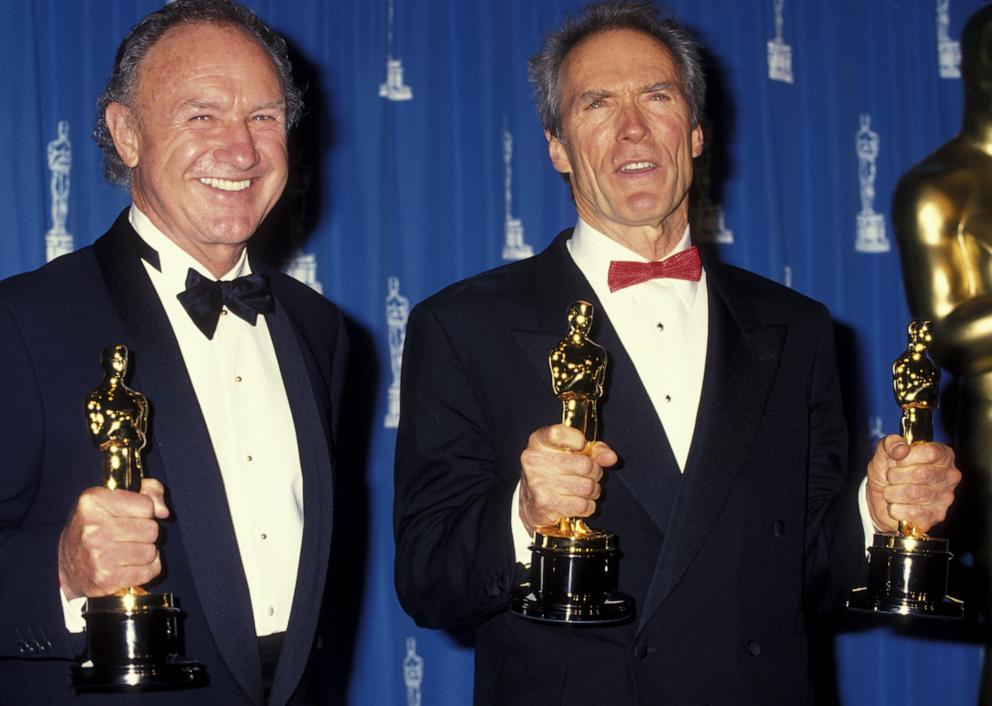 PHOTO: Actors Gene Hackman and Clint Eastwood attend 65th Annual Academy Awards on March 29, 1993 at the Dorothy Chandler Pavilion in Los Angeles.