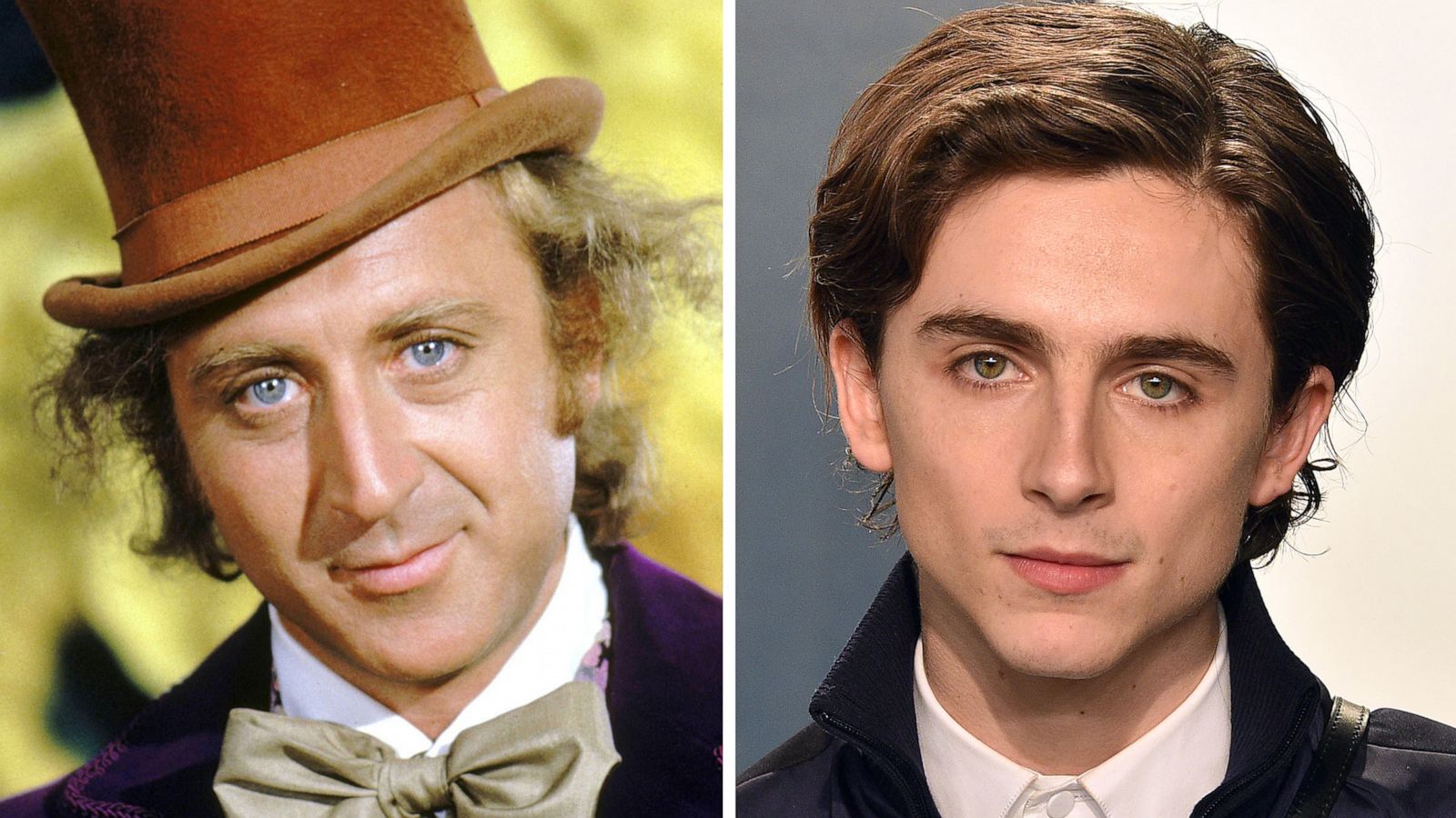 PHOTO: Gene Wilder portrays Willy Wonka in the 1971 film, "Willy Wonka & the Chocolate Factory," and Timothee Chalamet attends an event in Beverly Hills, Calif., Feb. 9, 2020.