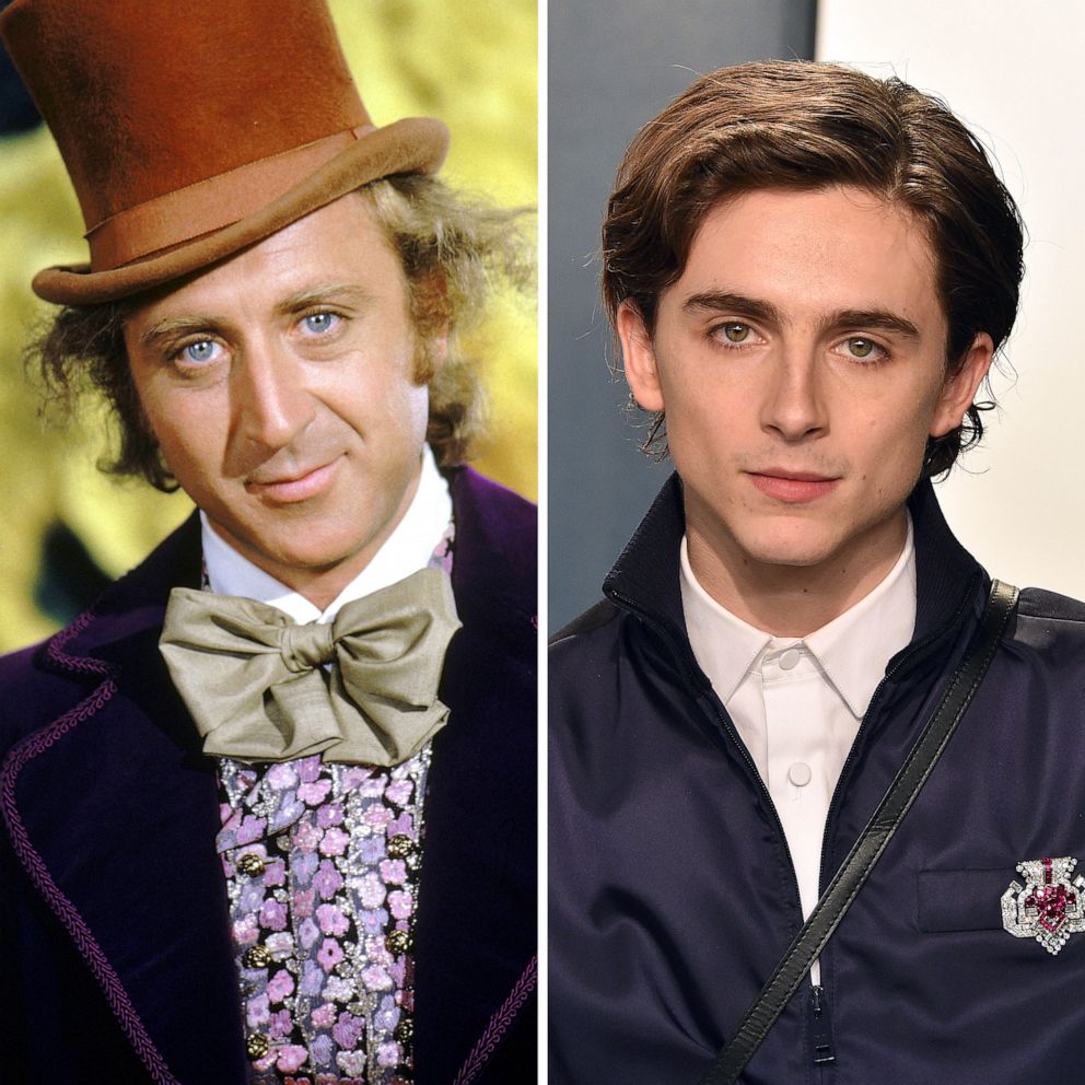 PHOTO: Gene Wilder portrays Willy Wonka in the 1971 film, "Willy Wonka & the Chocolate Factory," and Timothee Chalamet attends an event in Beverly Hills, Calif., Feb. 9, 2020.