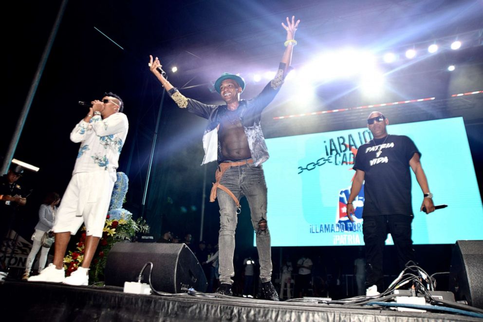 PHOTO: Gente de Zona with Descemer Bueno at the Down with the Chains Freedom event at Bayfront Park on July 31, 2021, in Miami.