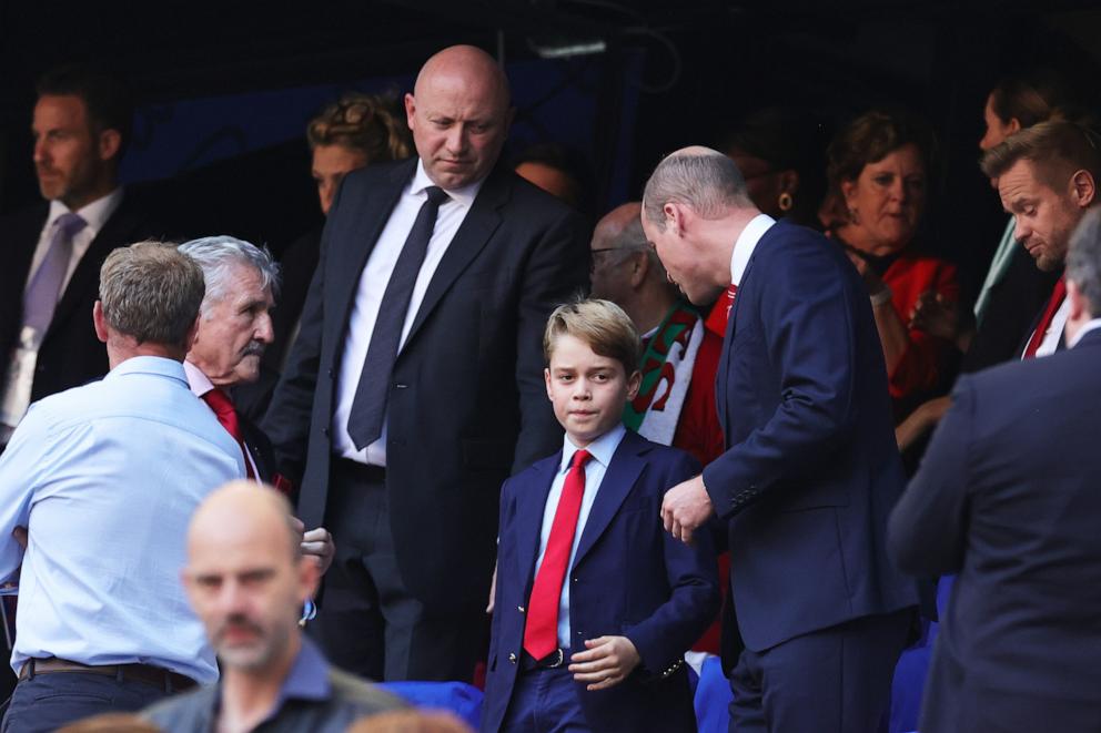 PHOTO: Prince George and William, Prince of Wales and Patron of the Welsh Rugby Union (WRU), interact prior to the Rugby World Cup France 2023 Quarter Final match between Wales and Argentina at Stade Velodrome, Oct. 14, 2023, in Marseille, France.
