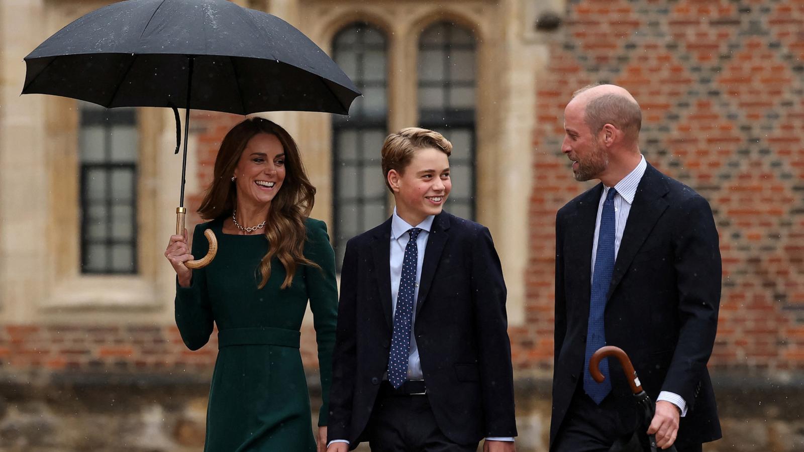 PHOTO: Catherine, Princess of Wales and Prince William, walk with their son, Prince George of Wales, 13, as he arrives for his first day at Eton College, in Eton, west of London, September 8, 2026.