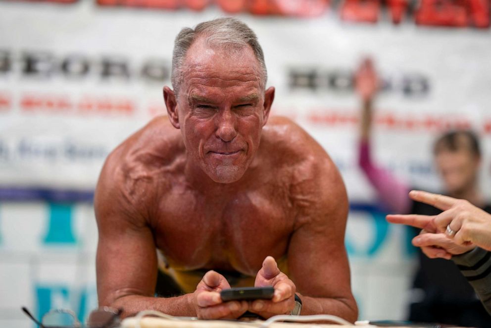 PHOTO: George Hood, 62, of Naperville, Ill., held a plank for eight hours, 15 minutes and 15 seconds in a gym outside of Chicago, Feb. 15, 2020.