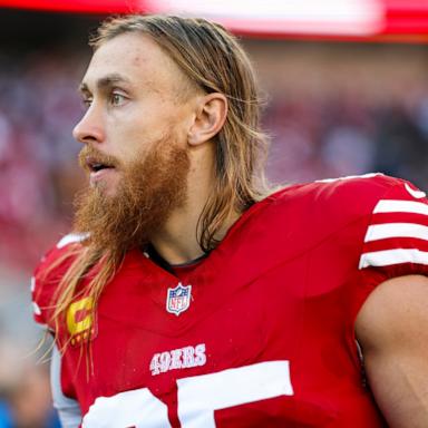 PHOTO: In this Dec. 8, 2024, file photo, tight end George Kittle of the San Francisco 49ers stands on the sidelines prior to an NFL football game against the Chicago Bears, in Santa Clara, Calif.