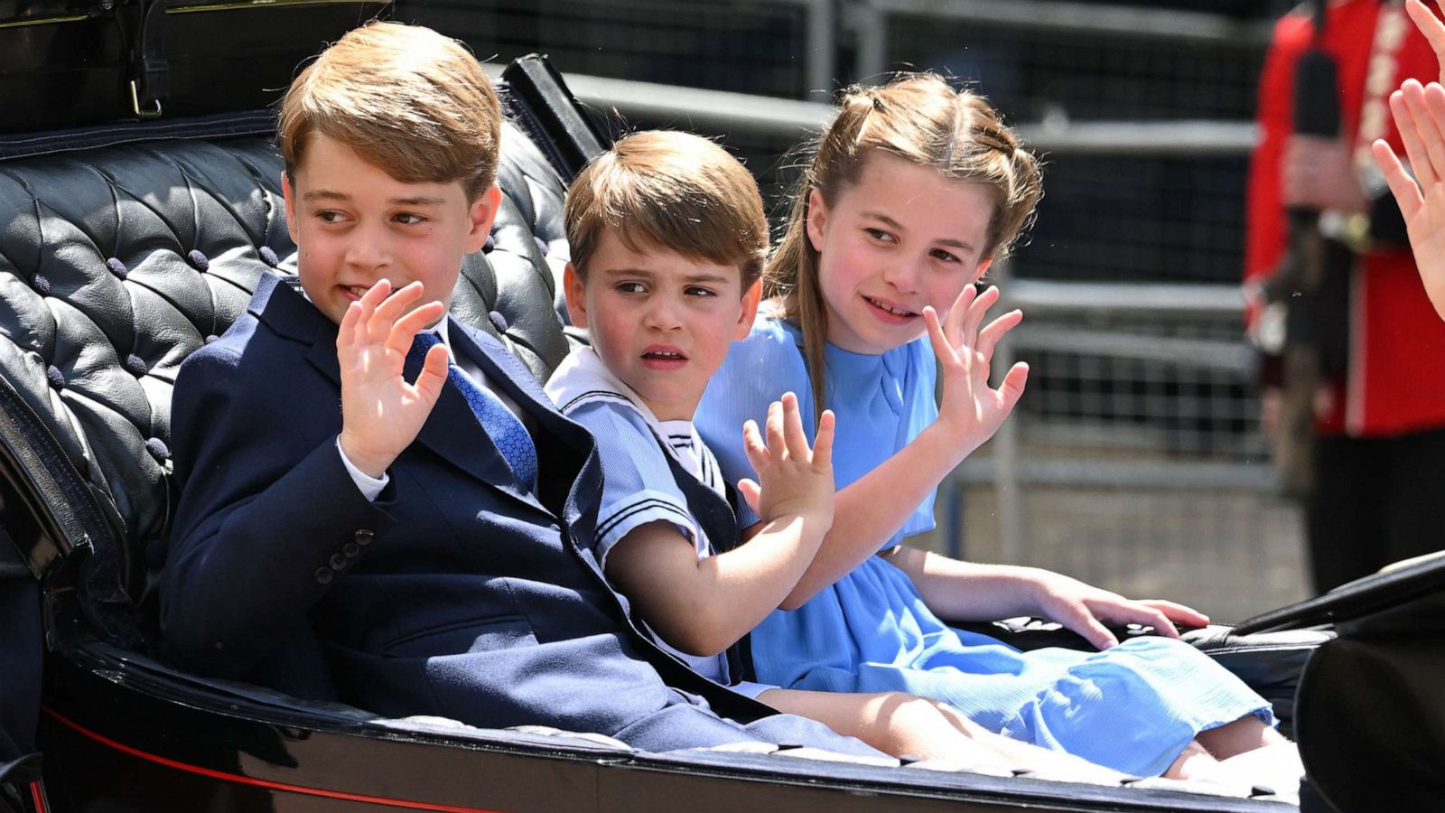 PHOTO: Prince George, Prince Louis and Princess Charlotte during Trooping the Colour on June 02, 2022 in London.