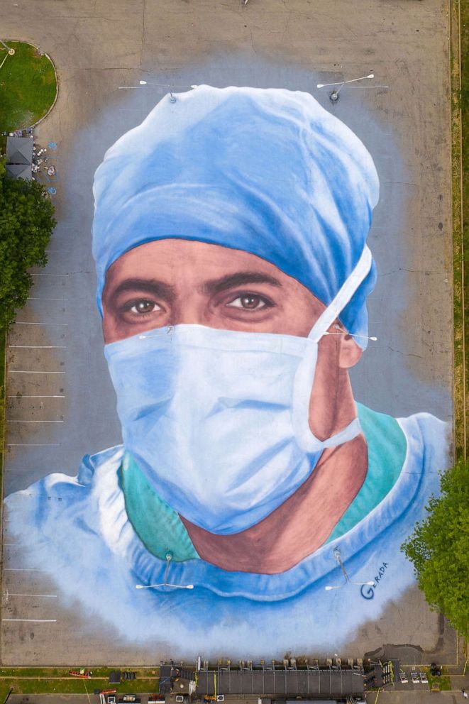 PHOTO: Artist Jorge Rodriguez-Gerada created a 20,000 foot mural outside the Queens Museum in New York City to honor healthcare workers battling COVID-19 in America's hospital rooms.