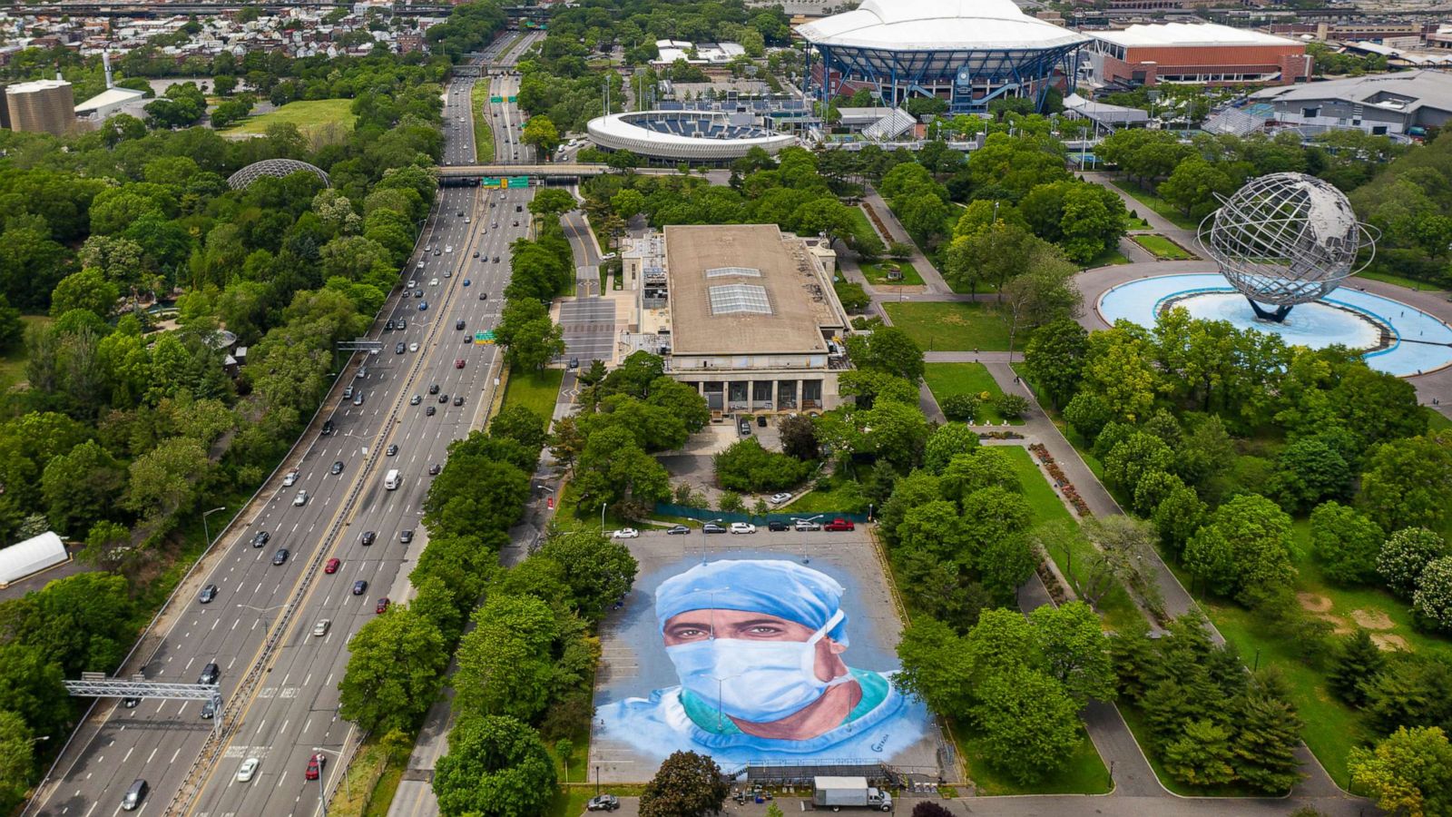 PHOTO: Artist Jorge Rodriguez-Gerada created a 20,000 foot mural outside the Queens Museum in New York City to honor healthcare workers battling COVID-19 in America's hospital rooms.