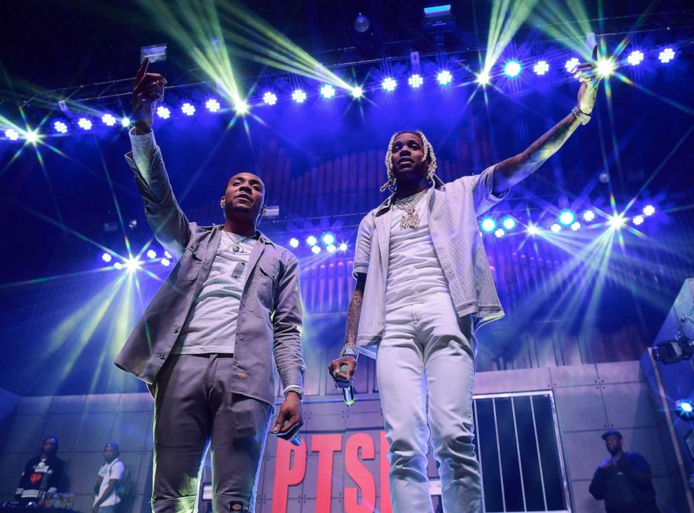 PHOTO: G Herbo and Lil Durk perform during The PTSD Tour In Concert at The Tabernacle on March 11, 2020 in Atlanta, Georgia.