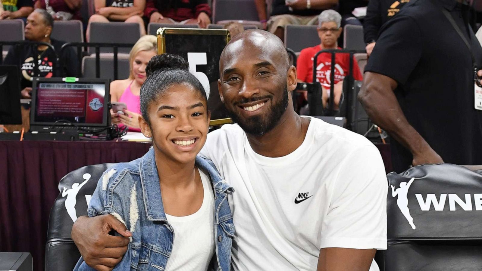 PHOTO: In this July 27, 2019, file photo, Gianna Bryant and her father, former NBA player Kobe Bryant, attend the WNBA All-Star Game 2019 at the Mandalay Bay Events Center in Las Vegas.