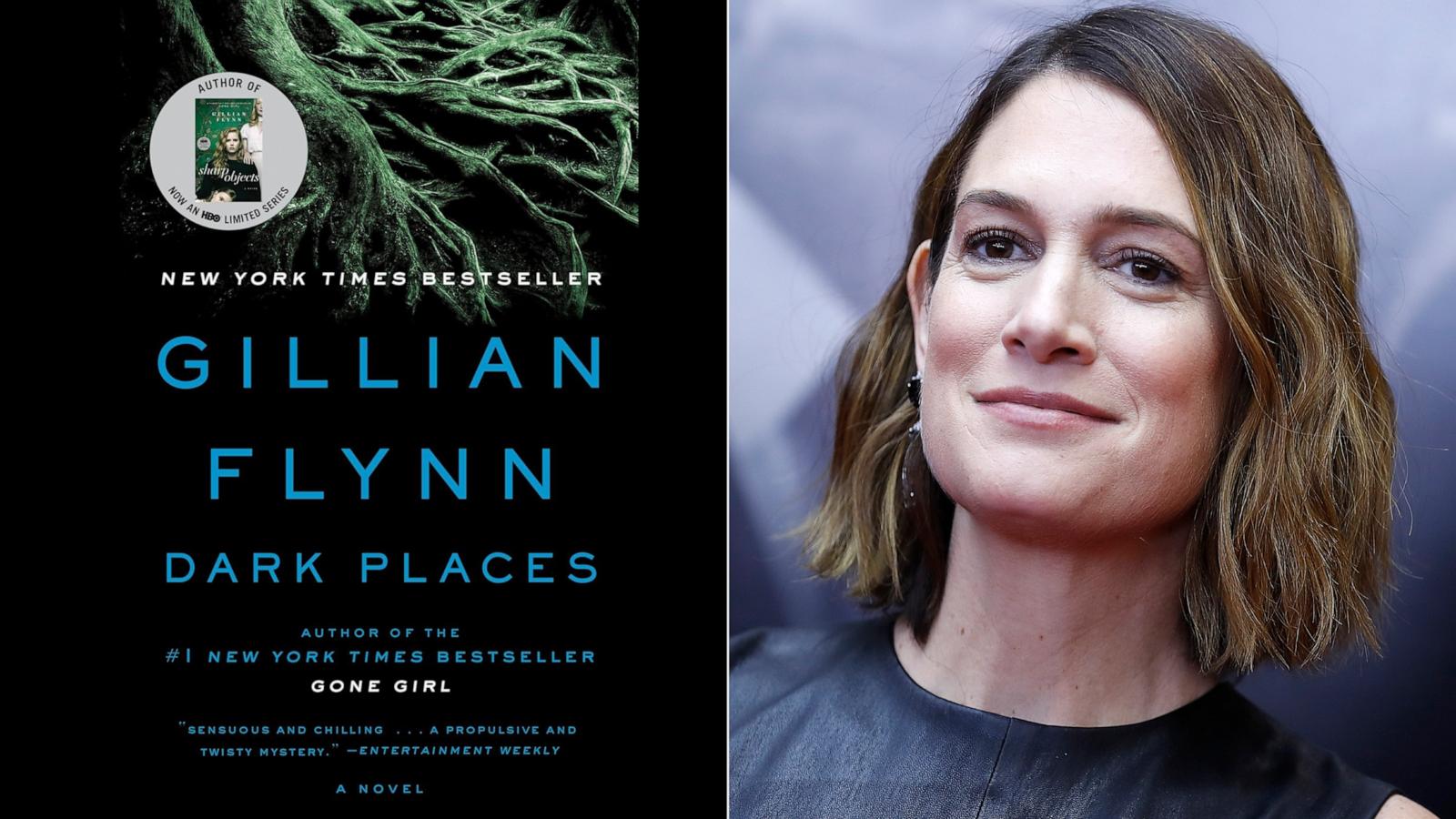 PHOTO: Split image showing the book cover of Dark Places and Gillian Flynn attending "Widows" New York Special Screening at Brooklyn Academy of Music on Nov. 11, 2018 in New York City.