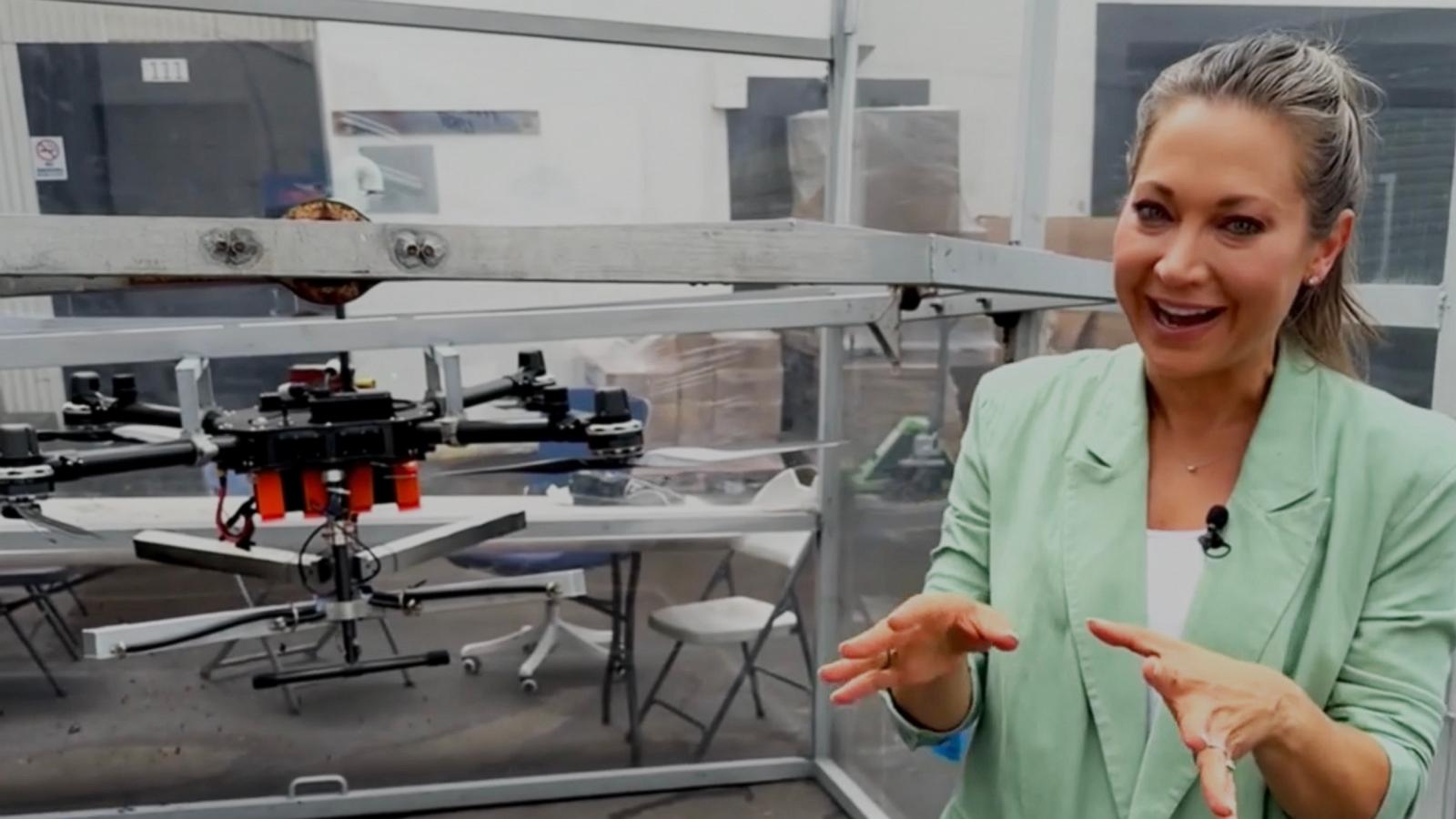 PHOTO: ABC News' Ginger Zee shows a drone at Rainmaker, a tech company in California.