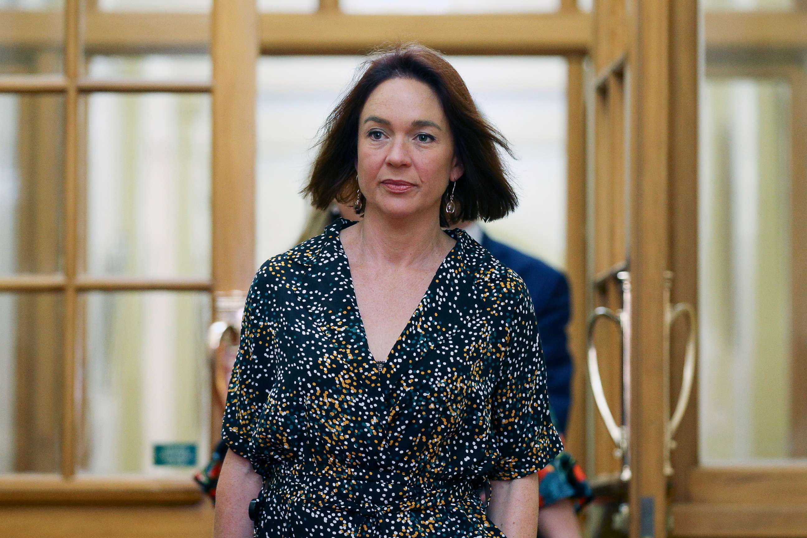 PHOTO: Labour MP Ginny Andersen arrives for a party meeting at Parliament, Oct. 20, 2020, in Wellington, New Zealand.