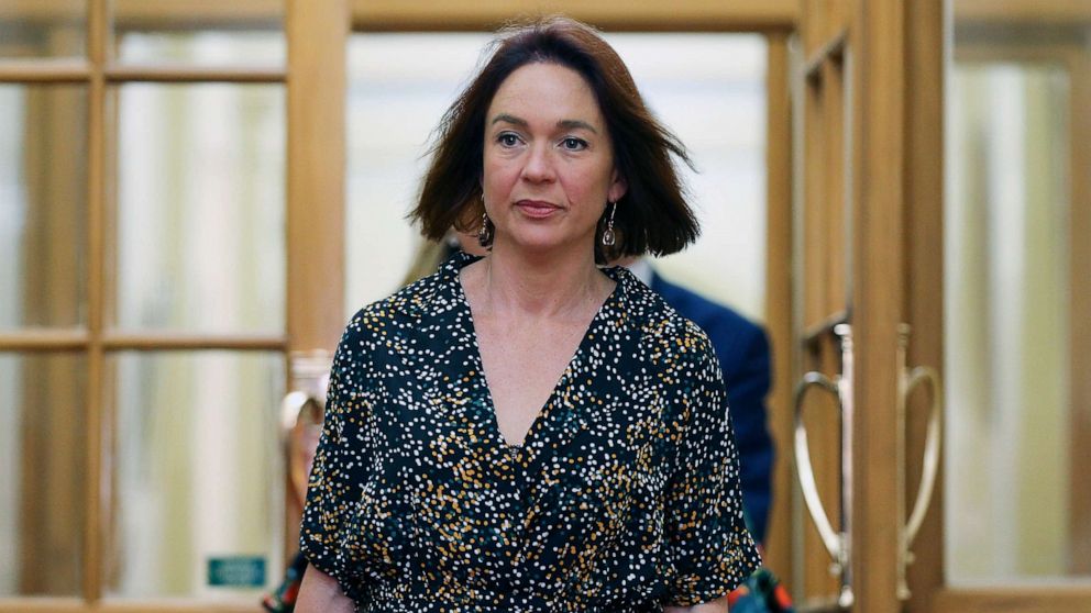 PHOTO: Labour MP Ginny Andersen arrives for a party meeting at Parliament, Oct. 20, 2020, in Wellington, New Zealand.