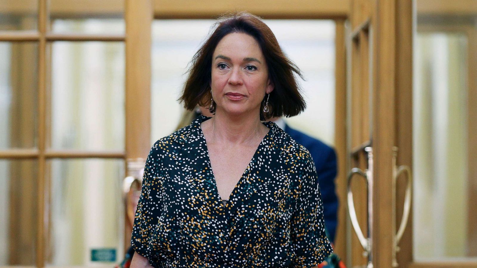 PHOTO: Labour MP Ginny Andersen arrives for a party meeting at Parliament, Oct. 20, 2020, in Wellington, New Zealand.