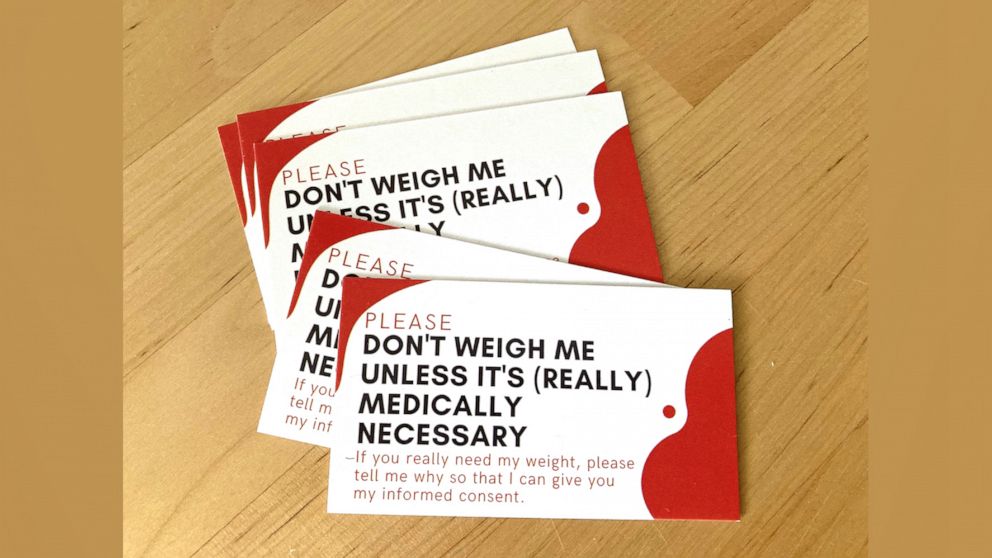 PHOTO: The "Don't Weigh Me" cards created by Ginny Jones are pictured here.