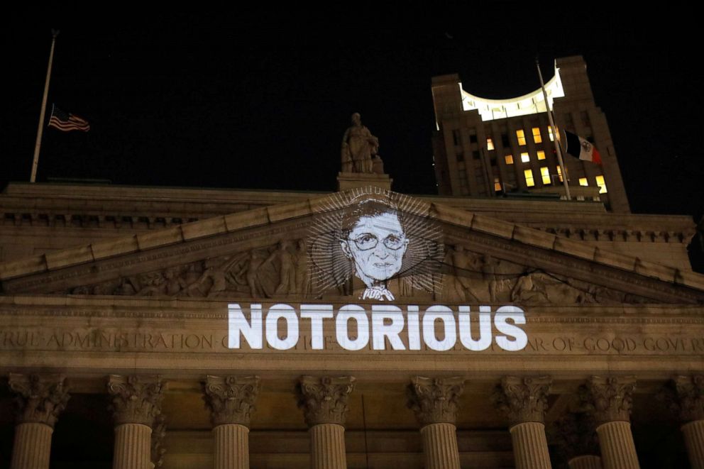 PHOTO: An image of Supreme Court Associate Justice Ruth Bader Ginsburg is projected onto the New York State Civil Supreme Court building in New York City after she passed away Sept. 18, 2020.
