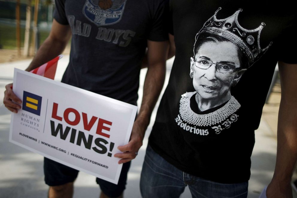 PHOTO: A man wears a t-shirt showing Supreme Court Justice Ruth Bader Ginsburg as "Notorious R.B.G." at a celebration rally in West Hollywood, Calif., June 26, 2015, after the Court ruled the U.S. Constitution provides same-sex couples the right to marry.
