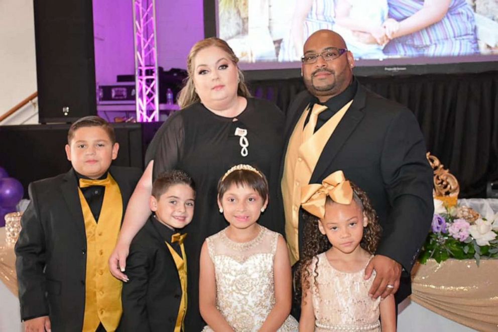 PHOTO: Zoe Figueroa, 8, is seen in San Diego, California, at a party celebrating her birthday and being cancer-free. She poses beside her parents, Sheena and Freddie Figueroa, and brothers Zach, 11 and Zayden, 7 and sister Zandrea, 5.
