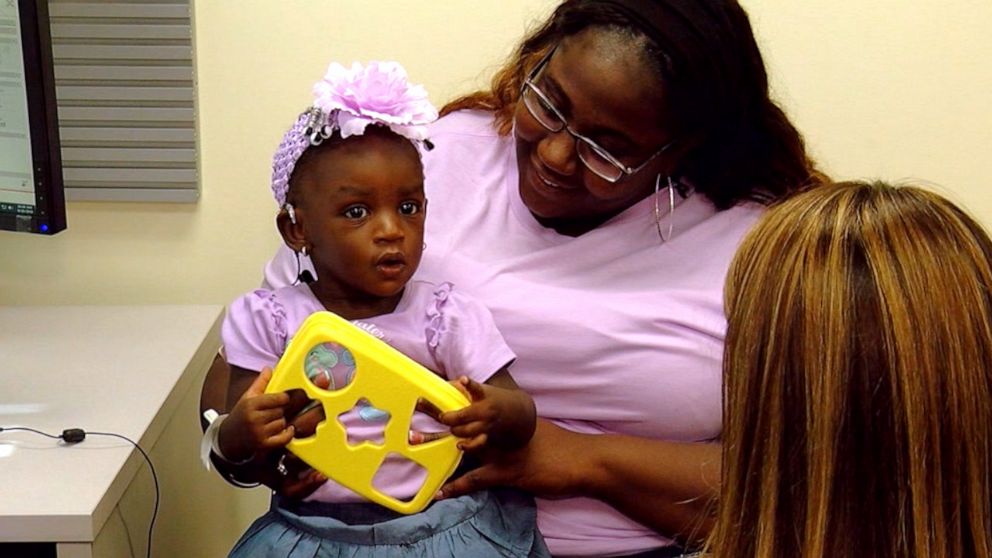 PHOTO: The moment deaf toddler A'deja Rivers, 1, hears for the first time after receiving cochlear implants was caught on video. 