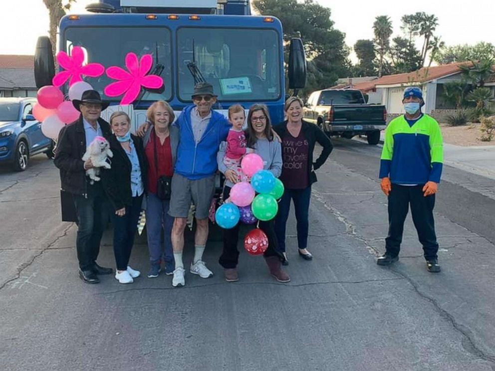 PHOTO: Lena Riley was surprised April 18, one day after her third birthday, by a fleet of seven trucks outside of her home in Henderson, Nevada.