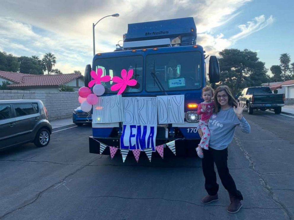PHOTO: Lena Riley was surprised April 18, one day after her third birthday, by a fleet of seven trucks outside of her home in Henderson, Nevada.