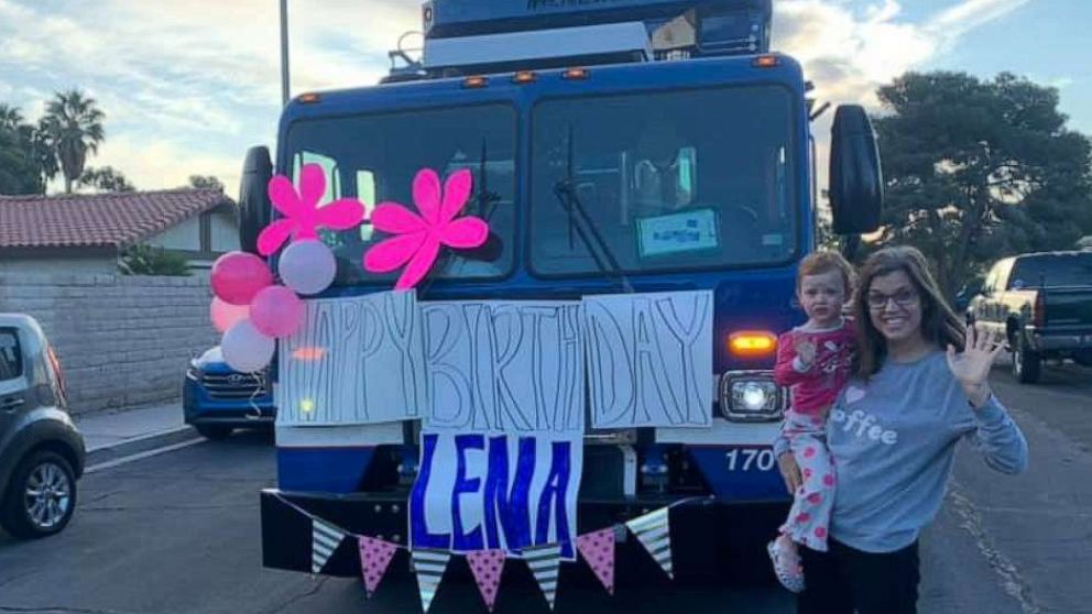 PHOTO: Lena Riley was surprised April 18, one day after her third birthday, by a fleet of seven trucks outside of her home in Henderson, Nevada.