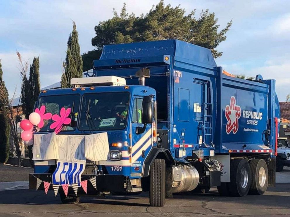 PHOTO: Lena Riley was surprised April 18, one day after her third birthday, by a fleet of seven trucks outside of her home in Henderson, Nevada.