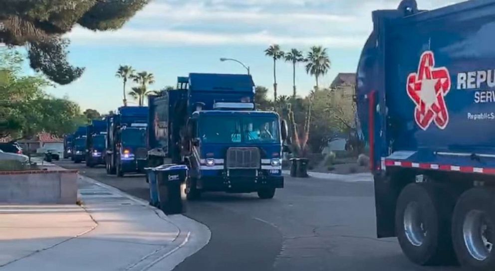 PHOTO: Lena Riley was surprised April 18, one day after her third birthday, by a fleet of seven trucks outside of her home in Henderson, Nevada.