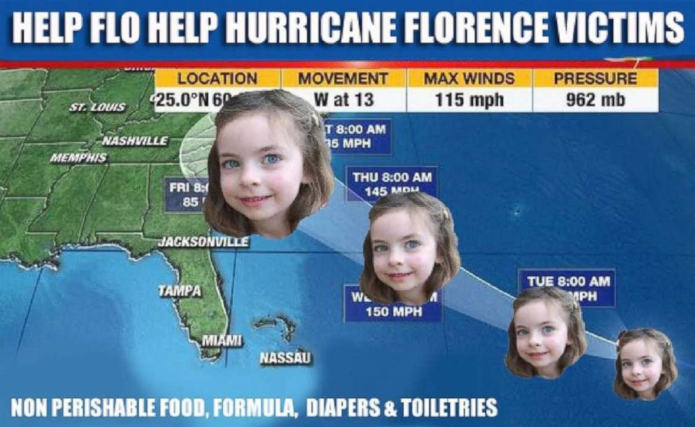 PHOTO: A donation sign was made by Florence Wisniewski and her parents to help victims of Hurricane Florence on a weather map from WFLA-TV.