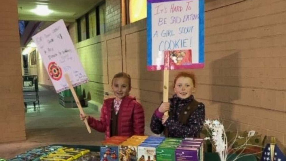 PHOTO: Emerson Ludwig and Maya Andrews sold all their Girl Scout cookies in front of Bilo grocery store in Mauldin, S.S., Feb. 22., 2019.