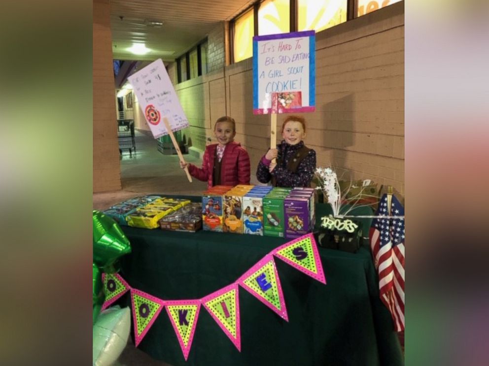PHOTO: Emerson Ludwig and Maya Andrews sold all their Girl Scout cookies in front of Bilo grocery store in Mauldin, S.S., Feb. 22., 2019.