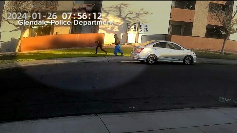 PHOTO: Surveillance video released by the Glendale Police Department shows a man chasing the 11-year-old on a sidewalk in Glendale, Az., Jan. 26, 2024.