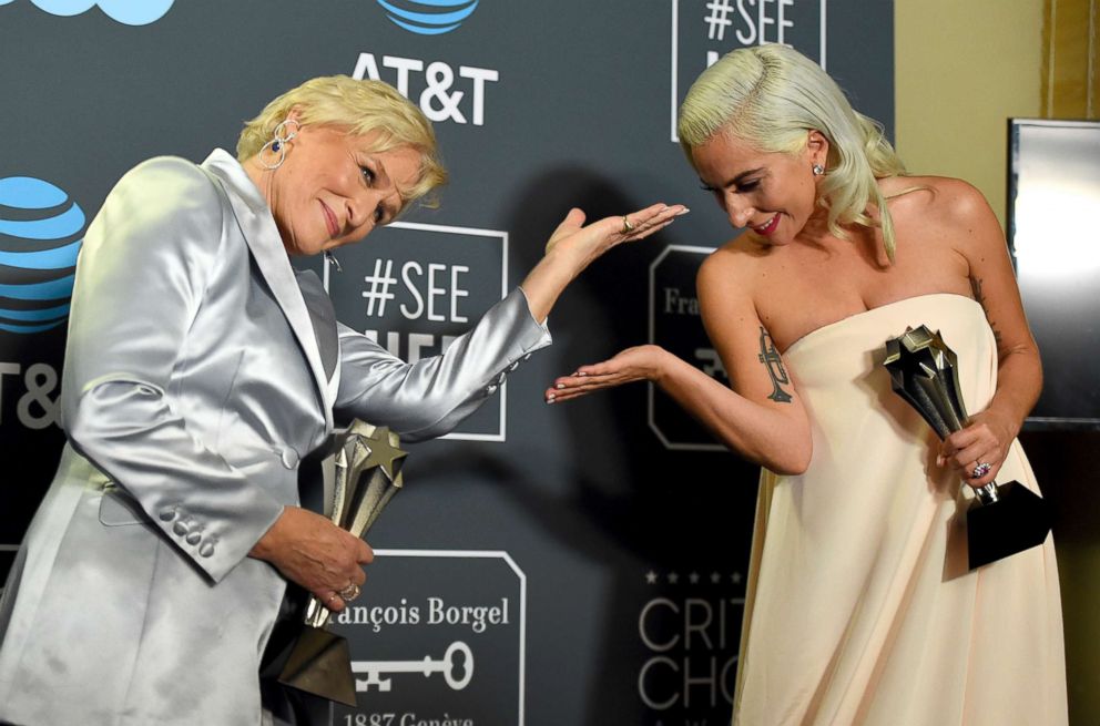 PHOTO: Glenn Close, left, and Lady Gaga, winners in a tie for the best actress award, pose in the press room at the 24th annual Critics' Choice Awards, Jan. 13, 2019, at the Barker Hangar in Santa Monica, Calif.