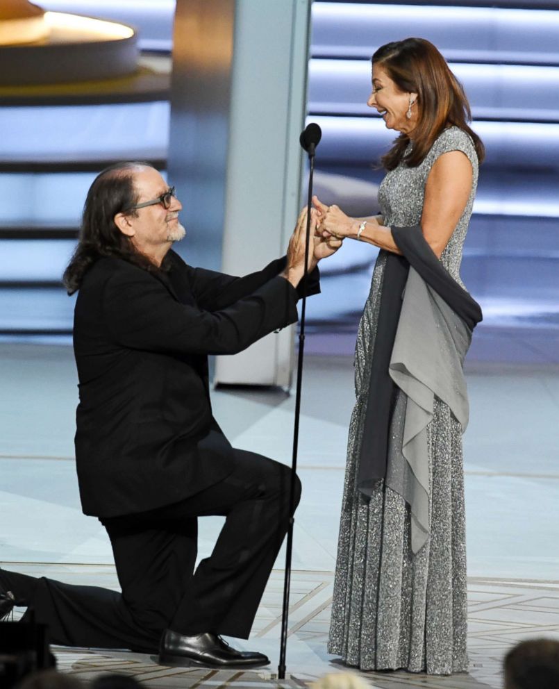 PHOTO: Glenn Weiss  (L), winner of the Outstanding Directing for a Variety Special award for "The Oscars," proposes marriage to Jan Svendsen during the 70th Emmy Awards  on Sept. 17, 2018 in Los Angeles.