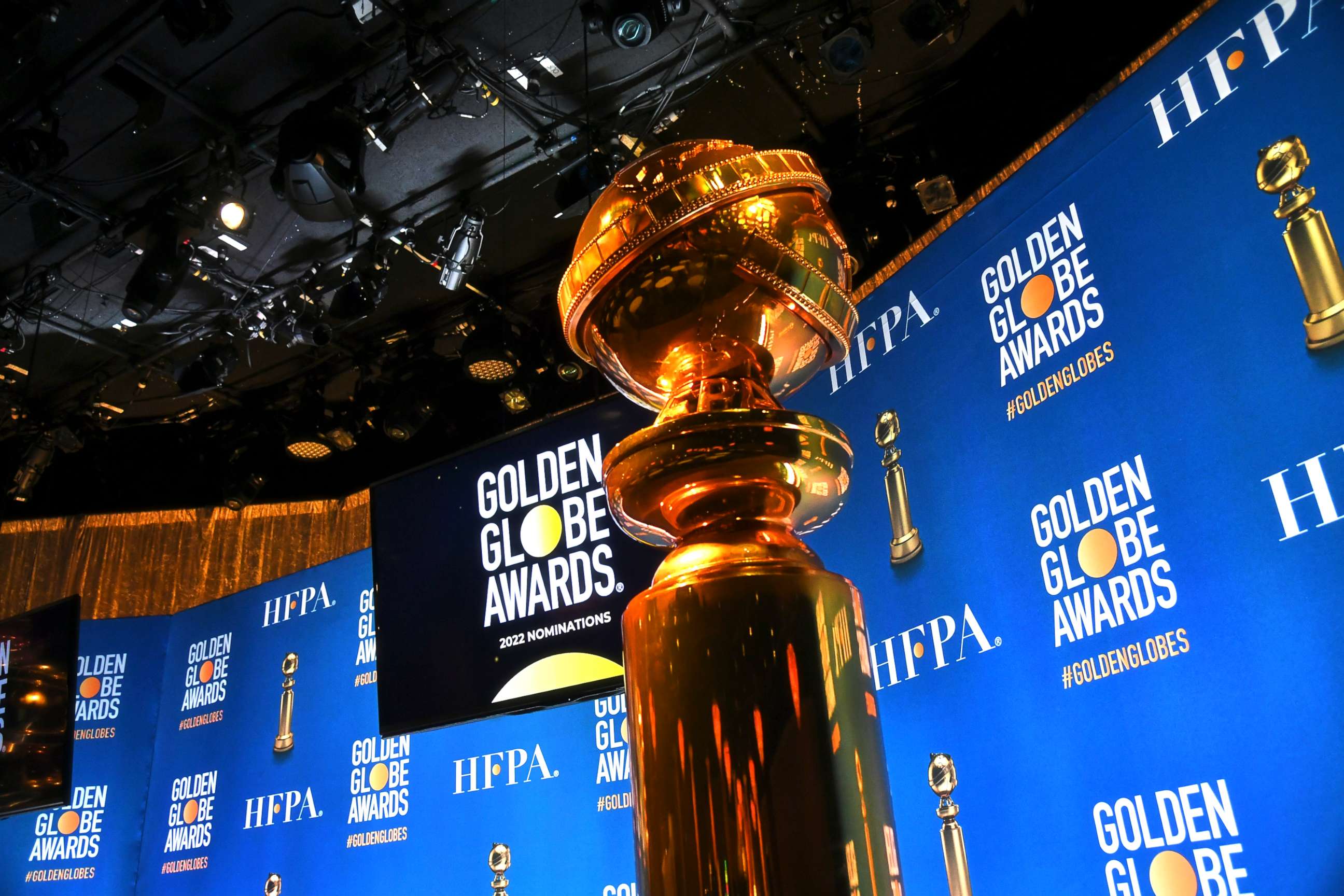 PHOTO: A view of the Golden Globe statue on stage before HFPA President Helen Hoehne announces the nominations for the 79th Annual Golden Globes at the Beverly Hilton Hotel, Dec. 13, 2021, in Beverly Hills, Calif.