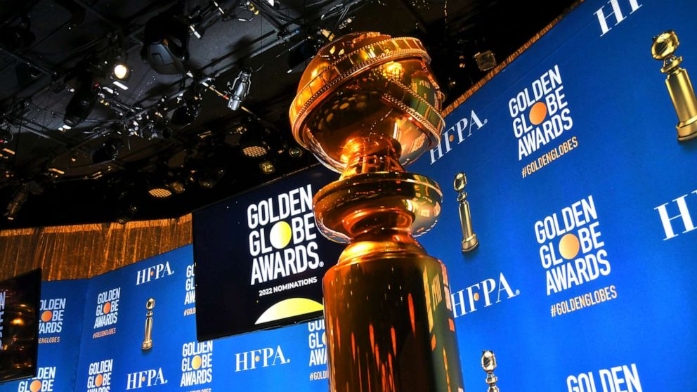 PHOTO: A view of the Golden Globe statue on stage before HFPA President Helen Hoehne announces the nominations for the 79th Annual Golden Globes at the Beverly Hilton Hotel, Dec. 13, 2021, in Beverly Hills, Calif.