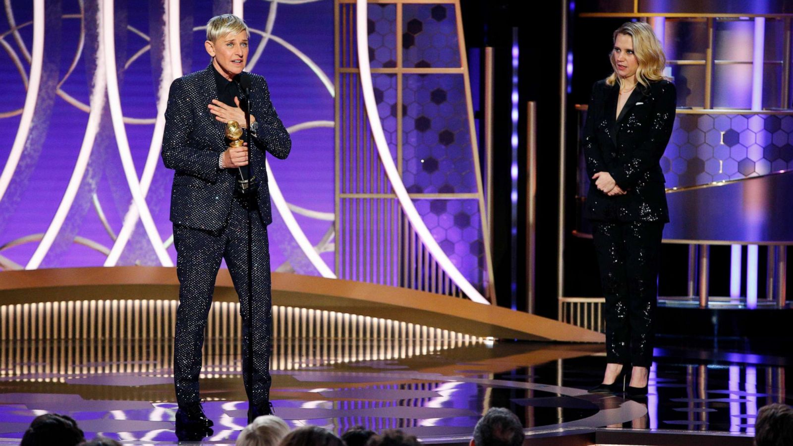 PHOTO: Ellen DeGeneres accepts the Carol Burnett TV Achievement Award as presenter Kate McKinnon, right, looks on at the 77th Annual Golden Globe Awards in Beverly Hills, Calif., Jan. 5, 2020.