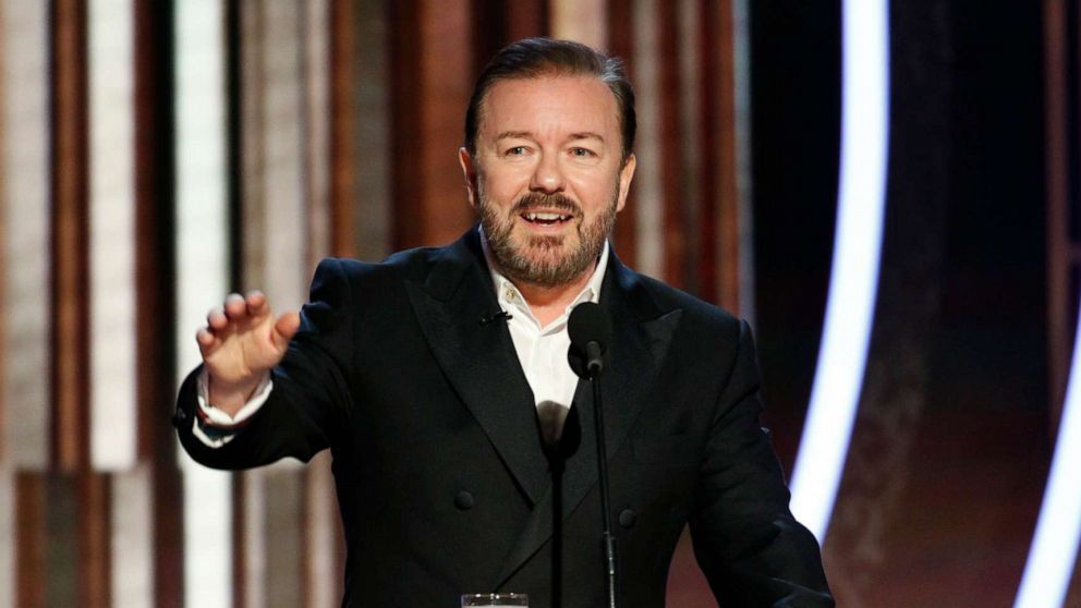 PHOTO: Host Ricky Gervais speaks onstage during the Golden Globe Awards, Jan. 5, 2020 in Beverly Hills, Calif.