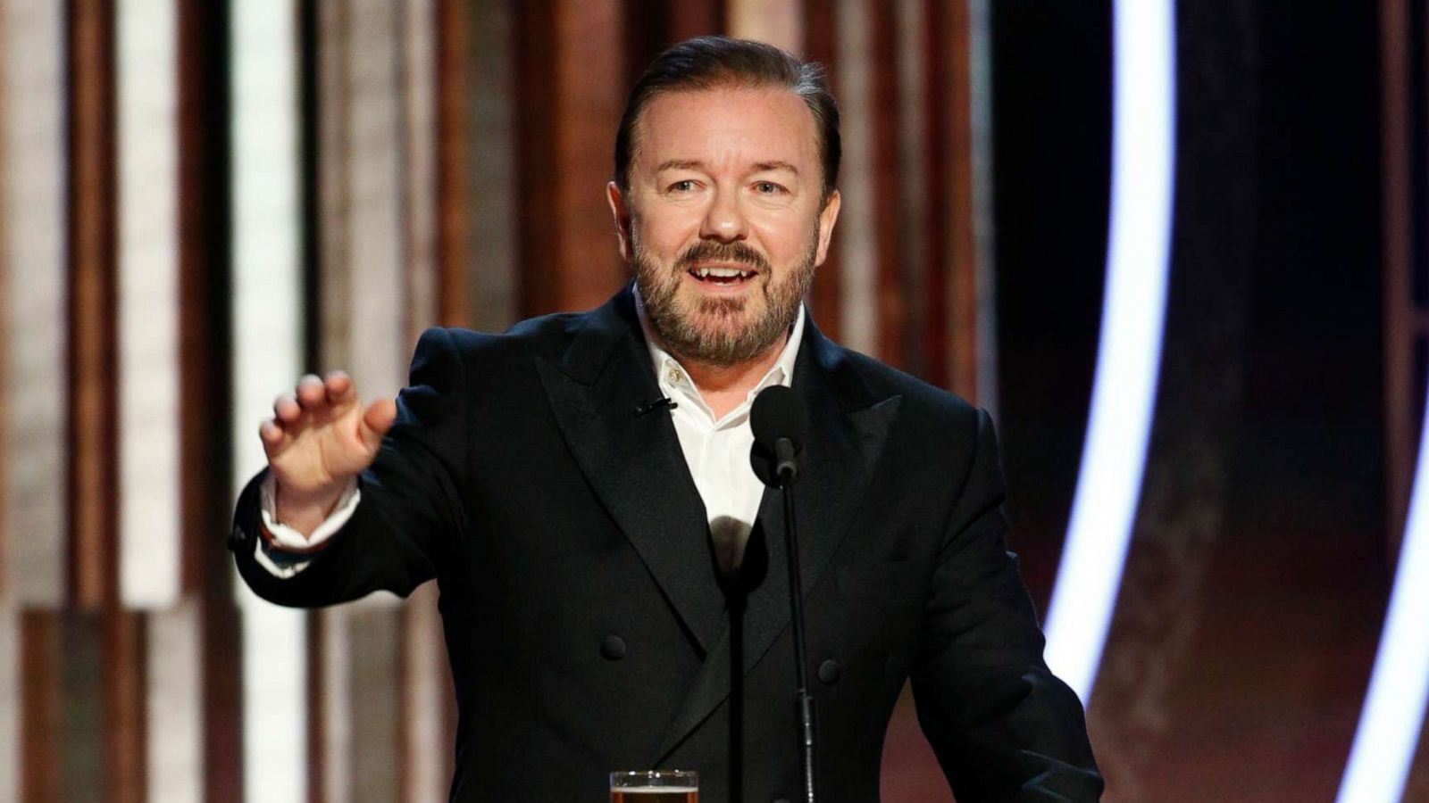 PHOTO: Host Ricky Gervais speaks onstage during the Golden Globe Awards, Jan. 5, 2020 in Beverly Hills, Calif.