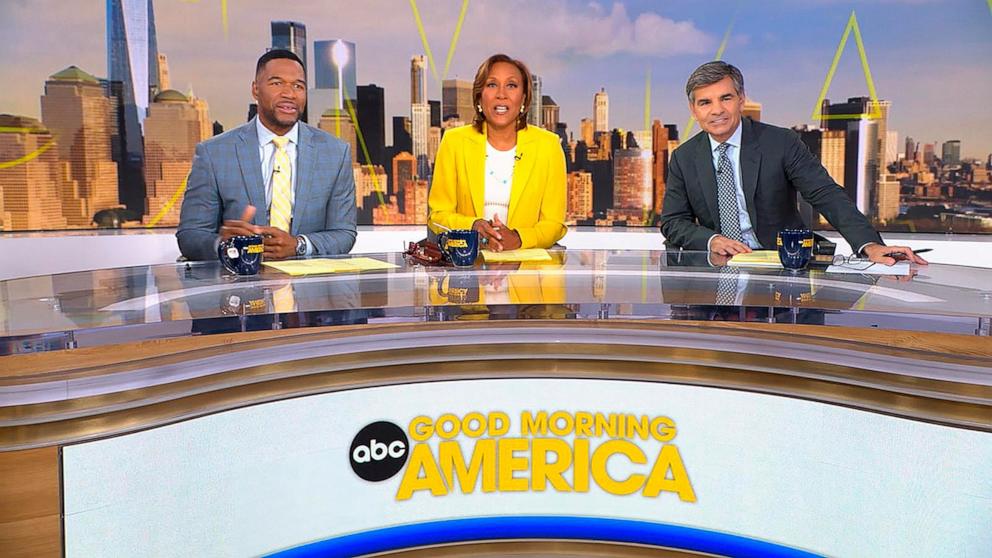 PHOTO: "Good Morning America" co-anchors Michael Strahan, Robin Roberts and George Stephanopoulos broadcast from the new Hudson Square studio on June 16, 2025.