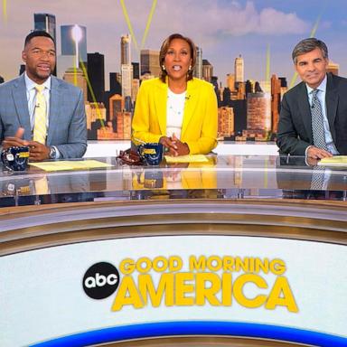 PHOTO: "Good Morning America" co-anchors Michael Strahan, Robin Roberts and George Stephanopoulos broadcast from the new Hudson Square studio on June 16, 2025.
